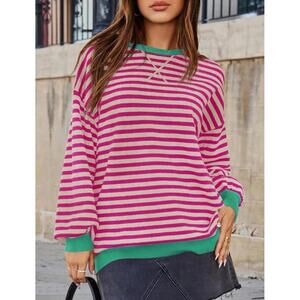 Women Oversized Striped Sweatshirt Pink White Long Sleeve Crewneck  Fashion XL